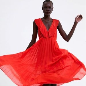 🔥 Zara Red Plunge V Ruffle Pleated Maxi Summer Dress Sleeveless Summer size:S